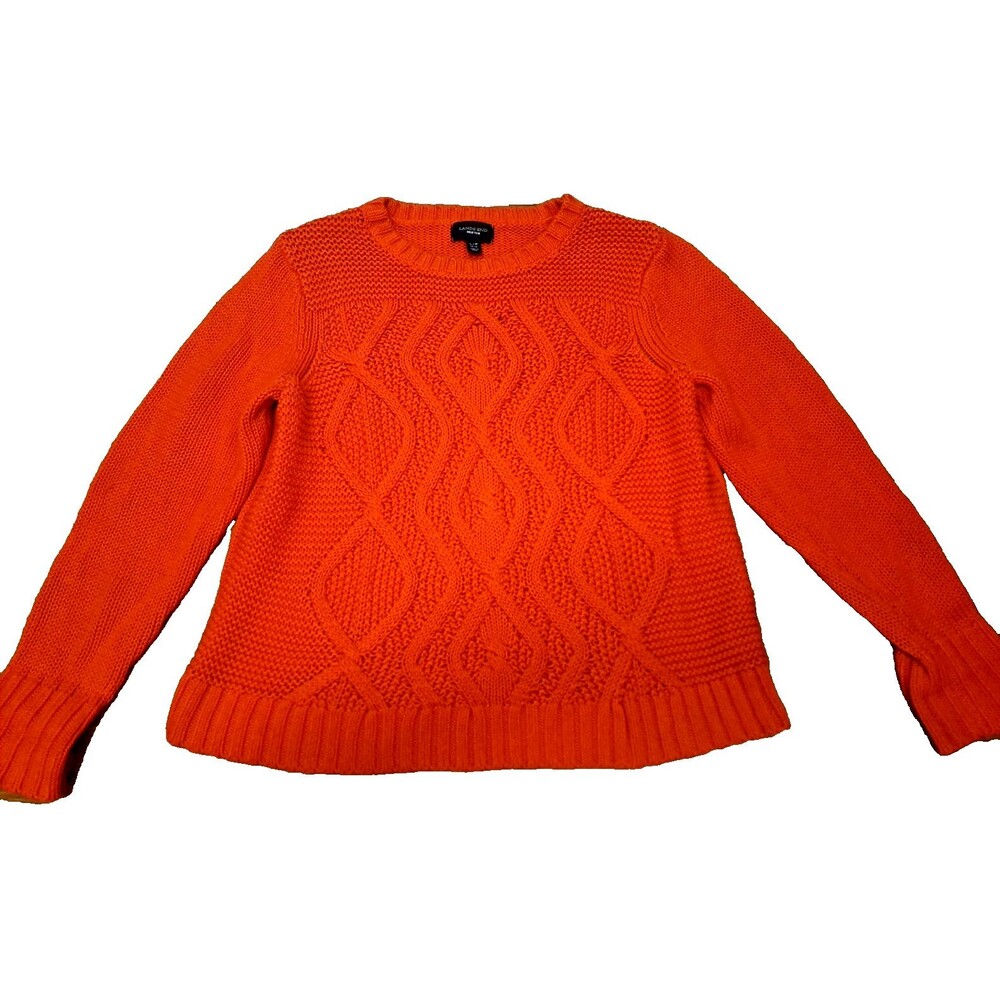 Womens Lands End Drifter Sweater Orange Cable Knit Chunky Crew Preppy Large